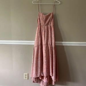 Pink with blue and tan floral print sundress.